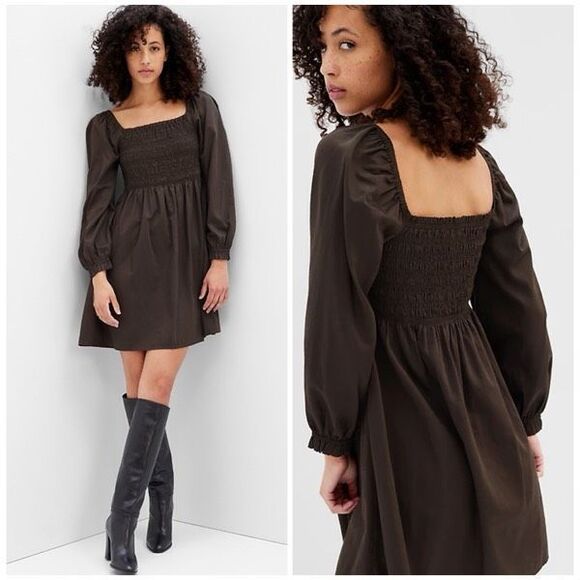 Gap NWT Women’s M Chocolate Brown Boho Square Neck Puff Sleeve Smocked Dress - Picture 1 of 10